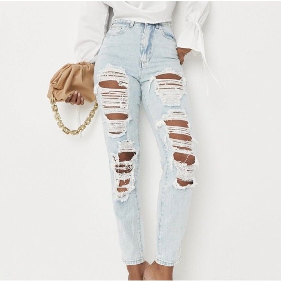 MISGUIDED Riot High Rise Mom Jean Ultra Distressed Ripped Denim Jeans 36 - Picture 1 of 5